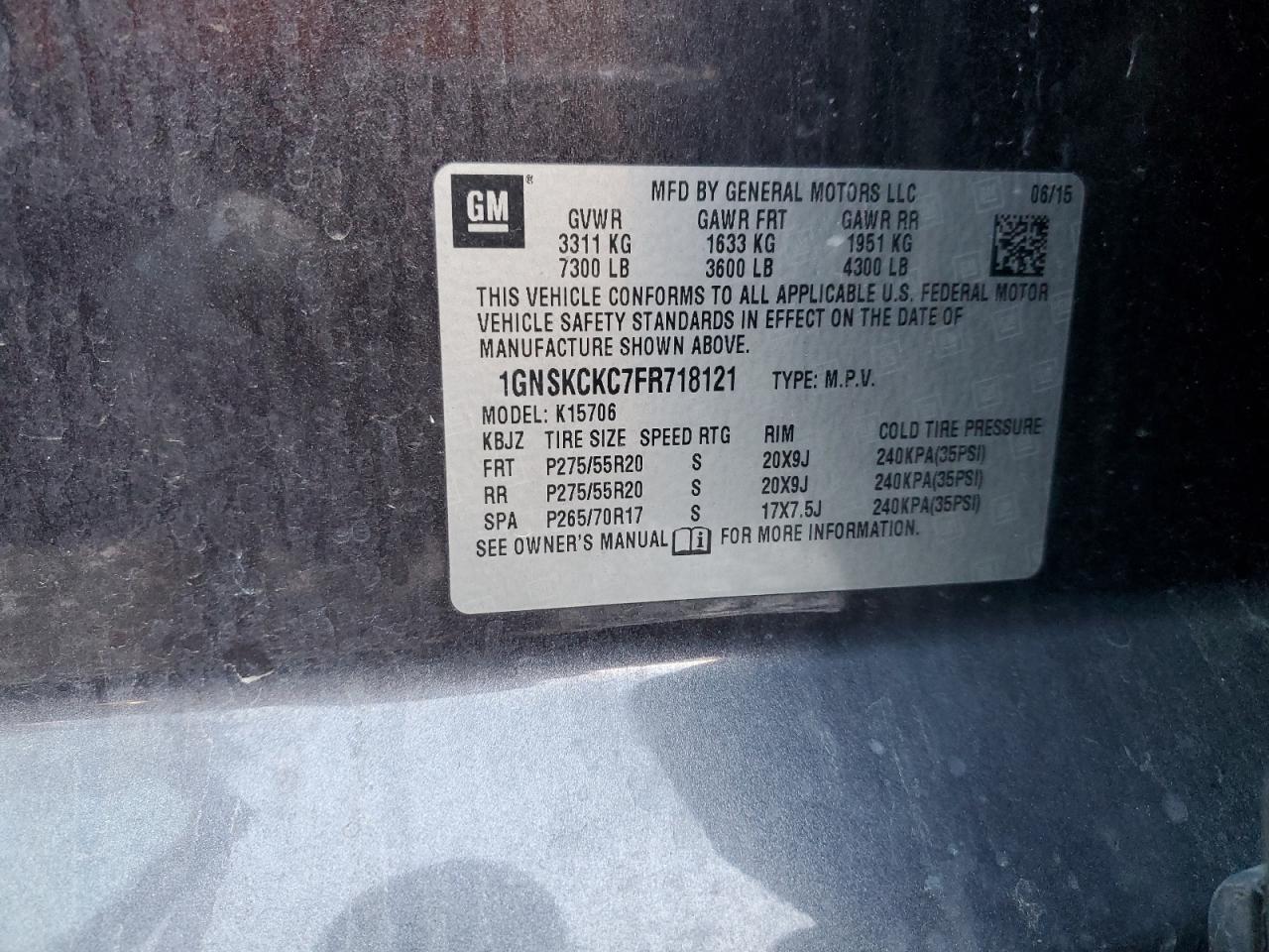 2015 Chevrolet Tahoe K1500 Ltz VIN: 1GNSKCKC7FR718121 Lot: 87407385