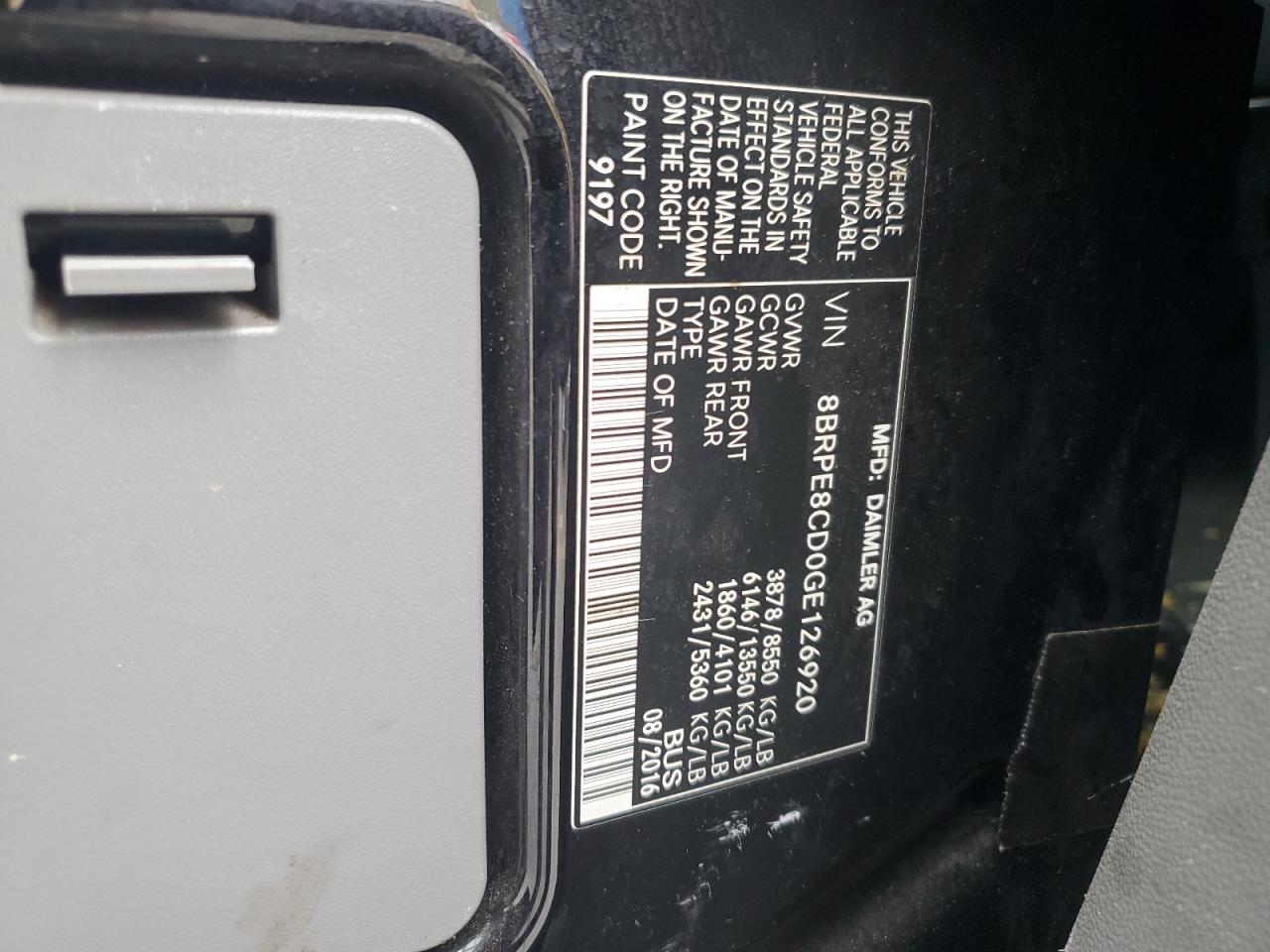 2016 Mercedes-Benz Sprinter 2500 VIN: 8BRPE8CD0GE126920 Lot: 89612795