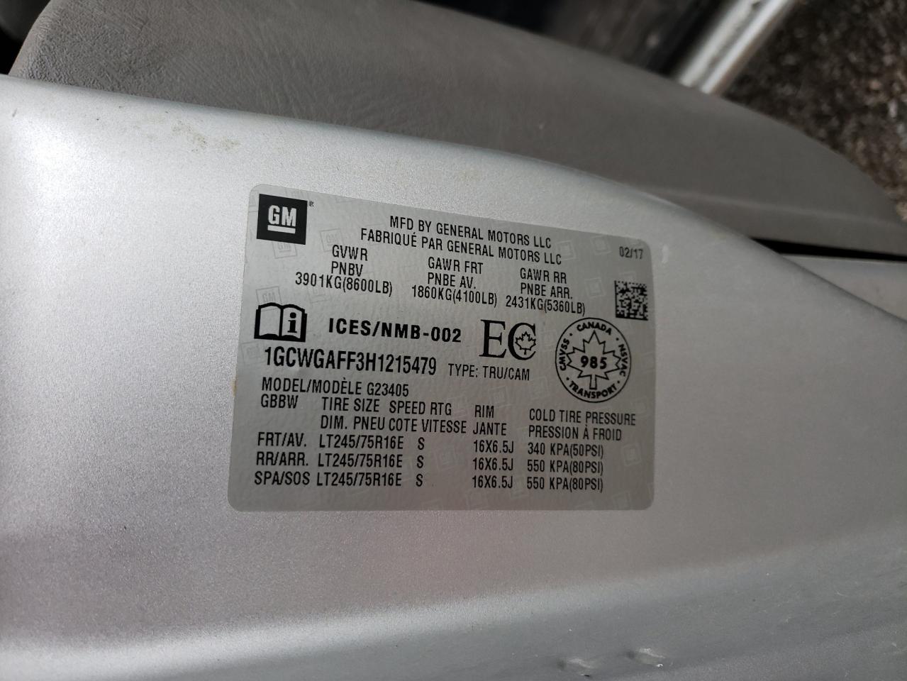 2017 Chevrolet Express G2500 VIN: 1GCWGAFF3H1215479 Lot: 90335535