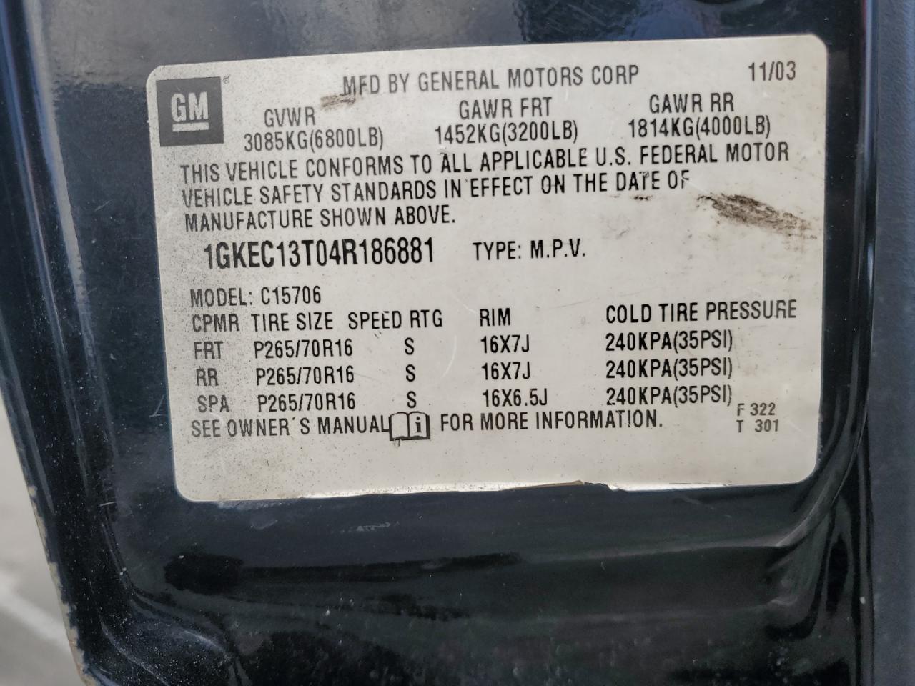 2004 GMC Yukon VIN: 1GKEC13T04R186881 Lot: 85373715