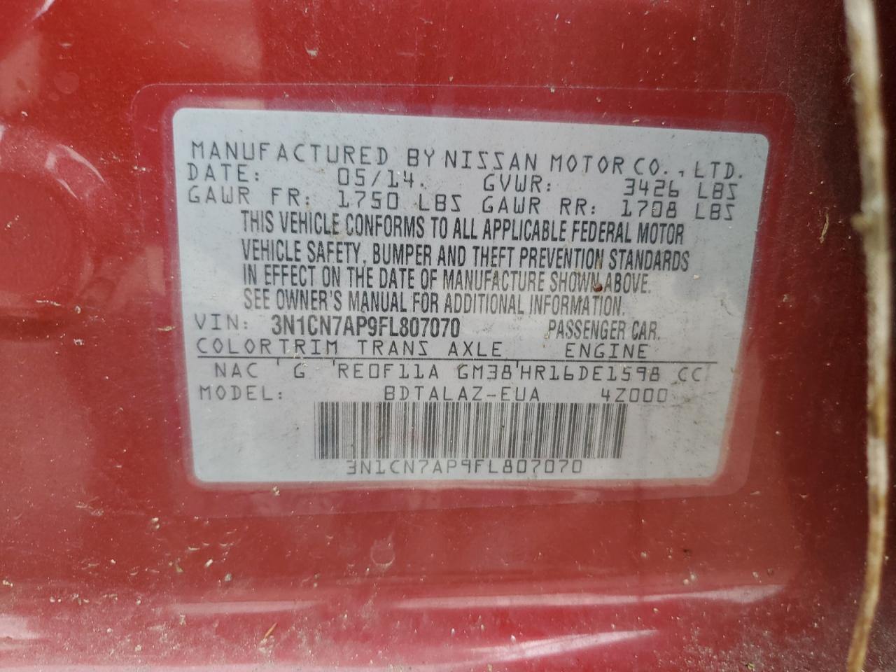 2015 Nissan Versa S VIN: 3N1CN7AP9FL807070 Lot: 82267865