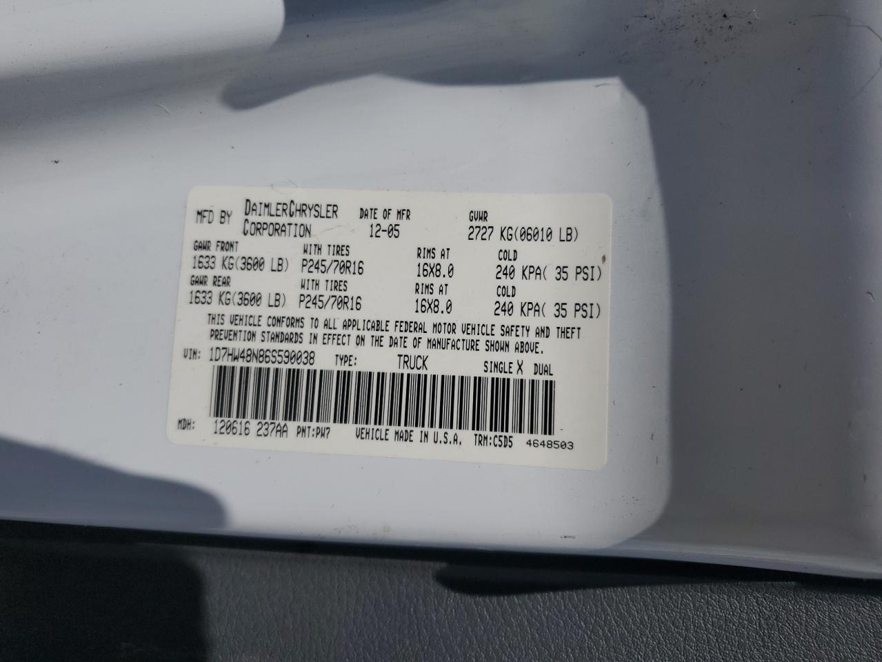 2006 Dodge Dakota Quad Slt VIN: 1D7HW48N86S590038 Lot: 81936305