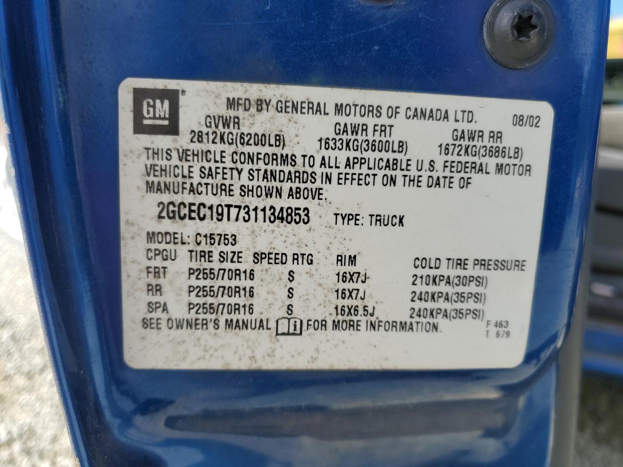 2003 Chevrolet Silverado C1500 VIN: 2GCEC19T731134853 Lot: 82446705