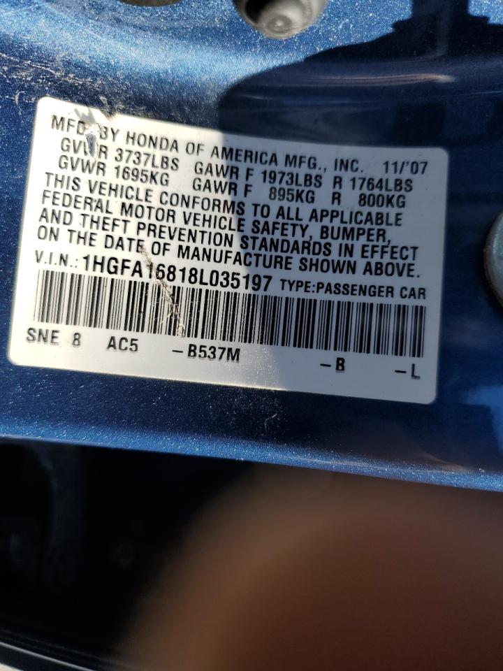 2008 Honda Civic Ex VIN: 1HGFA16818L035197 Lot: 85764645