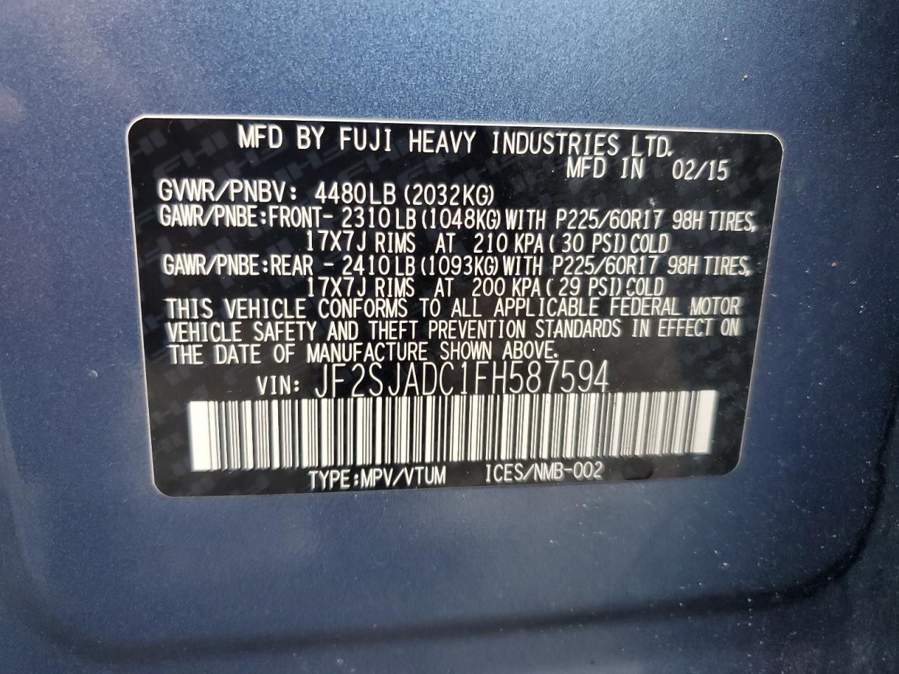 2015 Subaru Forester 2.5I Premium VIN: JF2SJADC1FH587594 Lot: 82339065