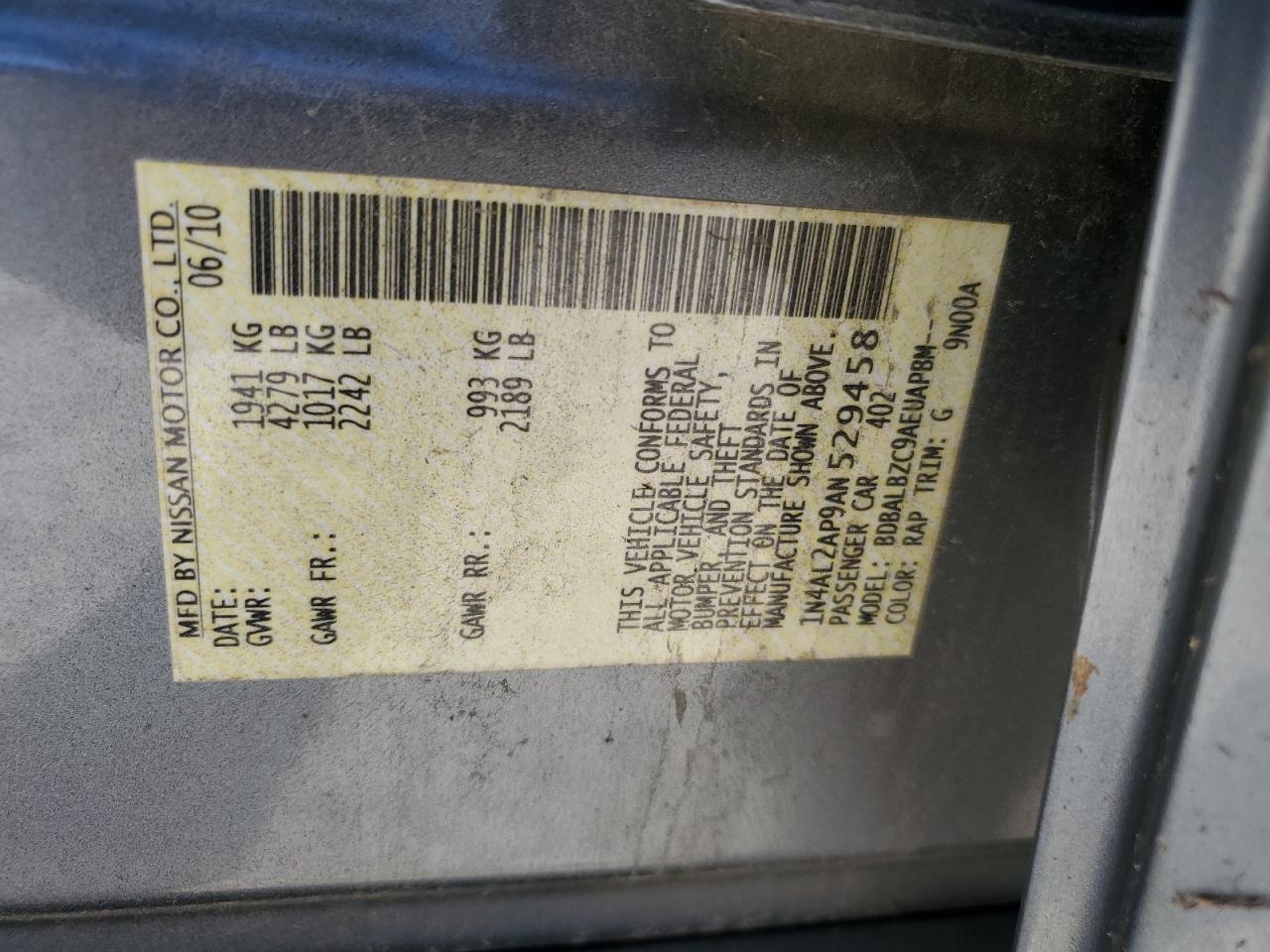 2010 Nissan Altima Base VIN: 1N4AL2AP9AN529458 Lot: 85198965