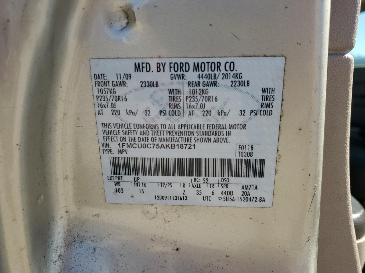 2010 Ford Escape Xls VIN: 1FMCU0C75AKB18721 Lot: 86490575