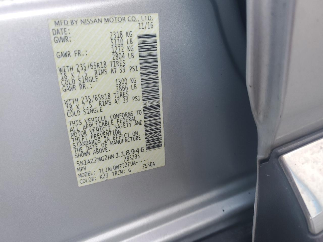 2017 Nissan Murano S VIN: 5N1AZ2MG2HN118946 Lot: 81340685