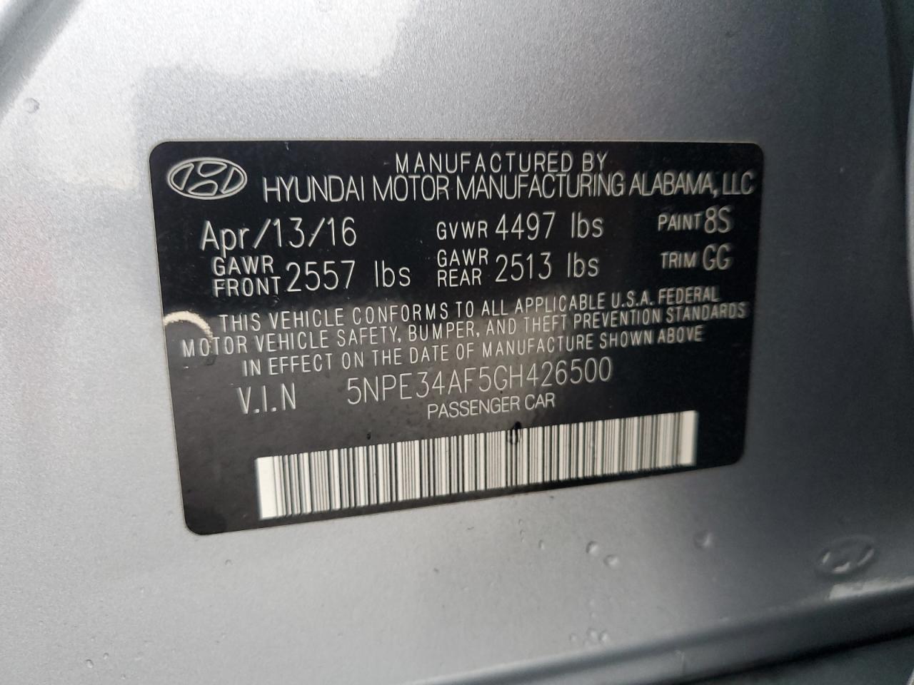 2016 Hyundai Sonata Sport VIN: 5NPE34AF5GH426500 Lot: 85885265