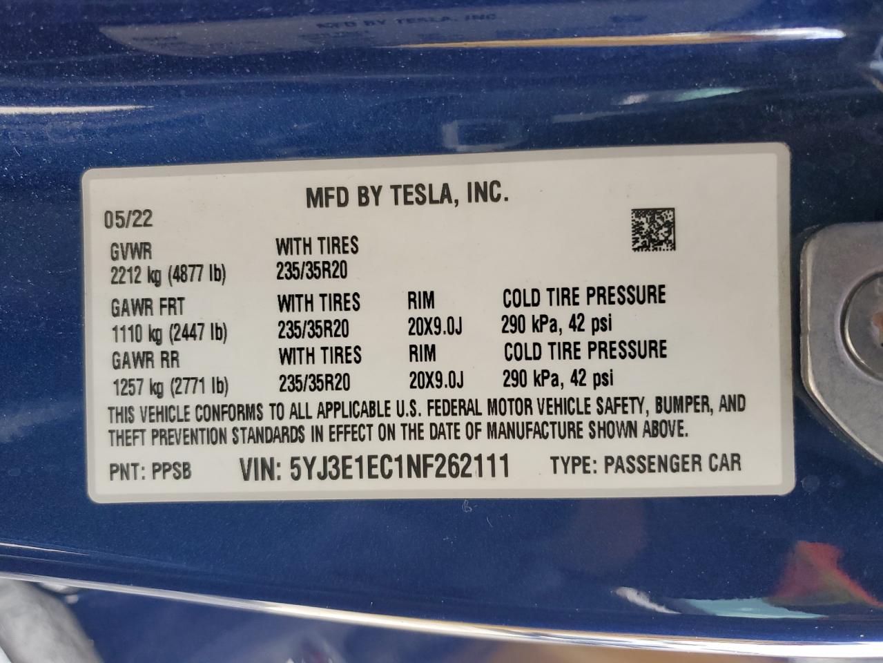 2022 Tesla Model 3 VIN: 5YJ3E1EC1NF262111 Lot: 82434175