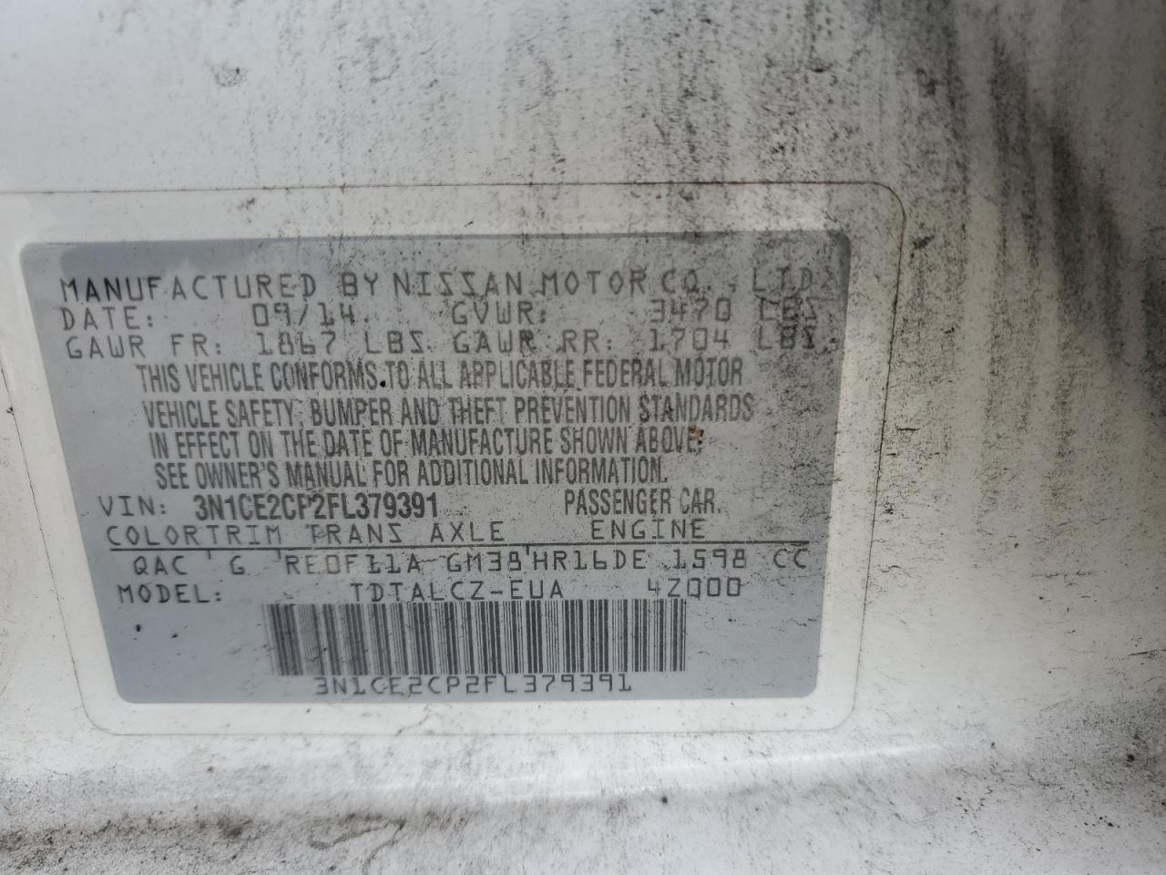 2015 Nissan Versa Note S VIN: 3N1CE2CP2FL379391 Lot: 86454235