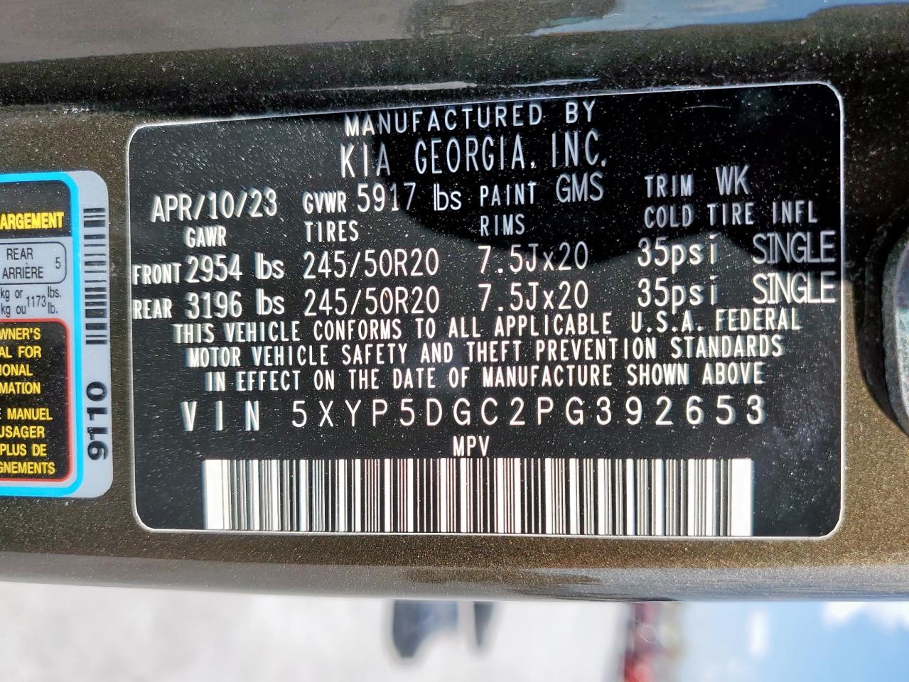 2023 Kia Telluride Sx VIN: 5XYP5DGC2PG392653 Lot: 85721285