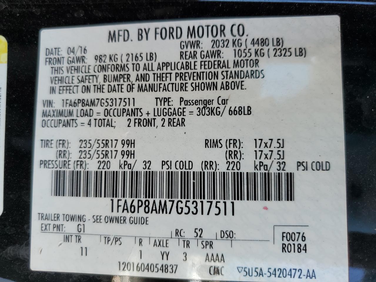 2016 Ford Mustang VIN: 1FA6P8AM7G5317511 Lot: 85814985