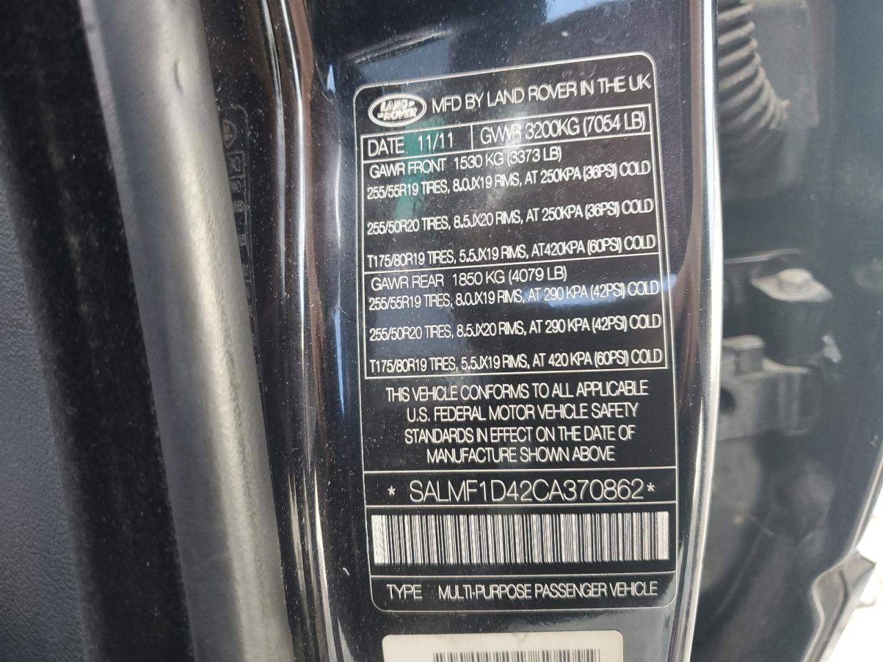 2012 Land Rover Range Rover Hse Luxury VIN: SALMF1D42CA370862 Lot: 84996605