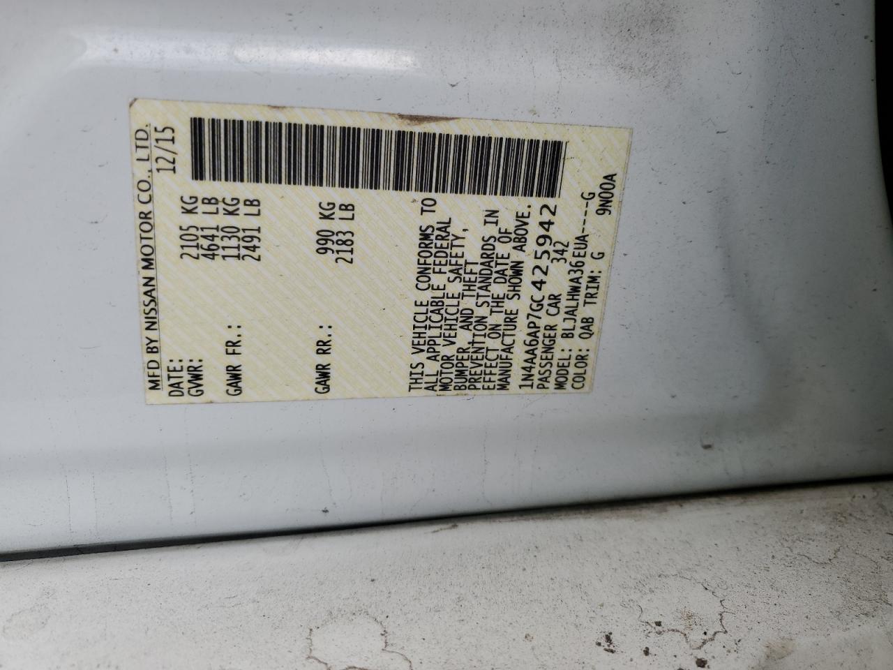 2016 Nissan Maxima 3.5S VIN: 1N4AA6AP7GC425942 Lot: 90506895