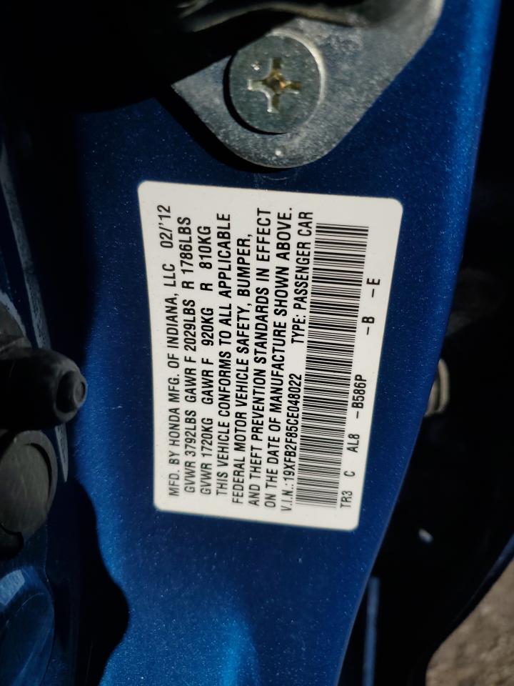 2012 Honda Civic Ex VIN: 19XFB2F85CE048022 Lot: 86156455