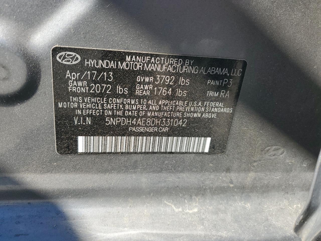 2013 Hyundai Elantra Gls VIN: 5NPDH4AE8DH331042 Lot: 85598425