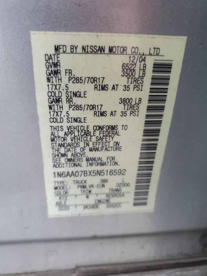 2005 Nissan Titan Xe VIN: 1N6AA07BX5N516592 Lot: 82642195