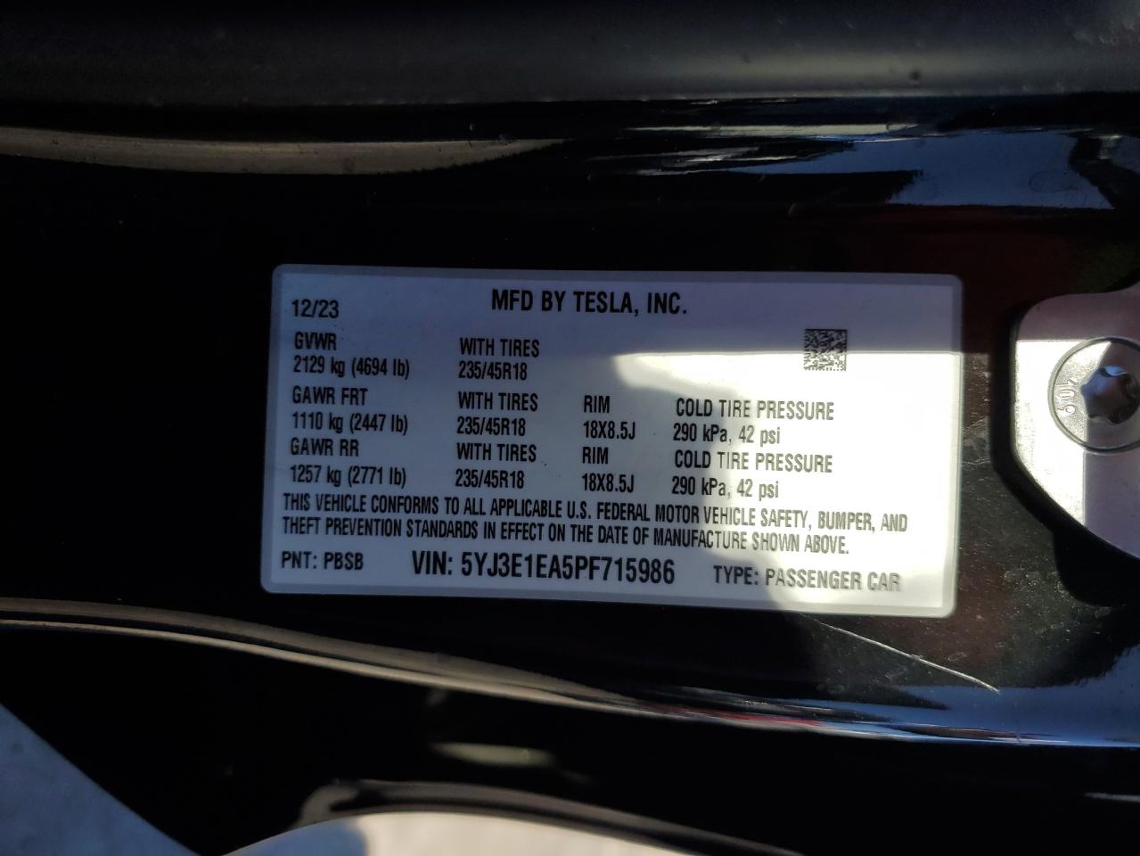 2023 Tesla Model 3 VIN: 5YJ3E1EA5PF715986 Lot: 87242485