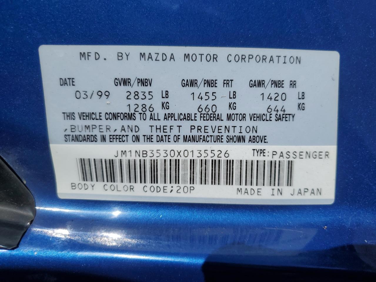 1999 Mazda Mx-5 Miata VIN: JM1NB3530X0135526 Lot: 82547065