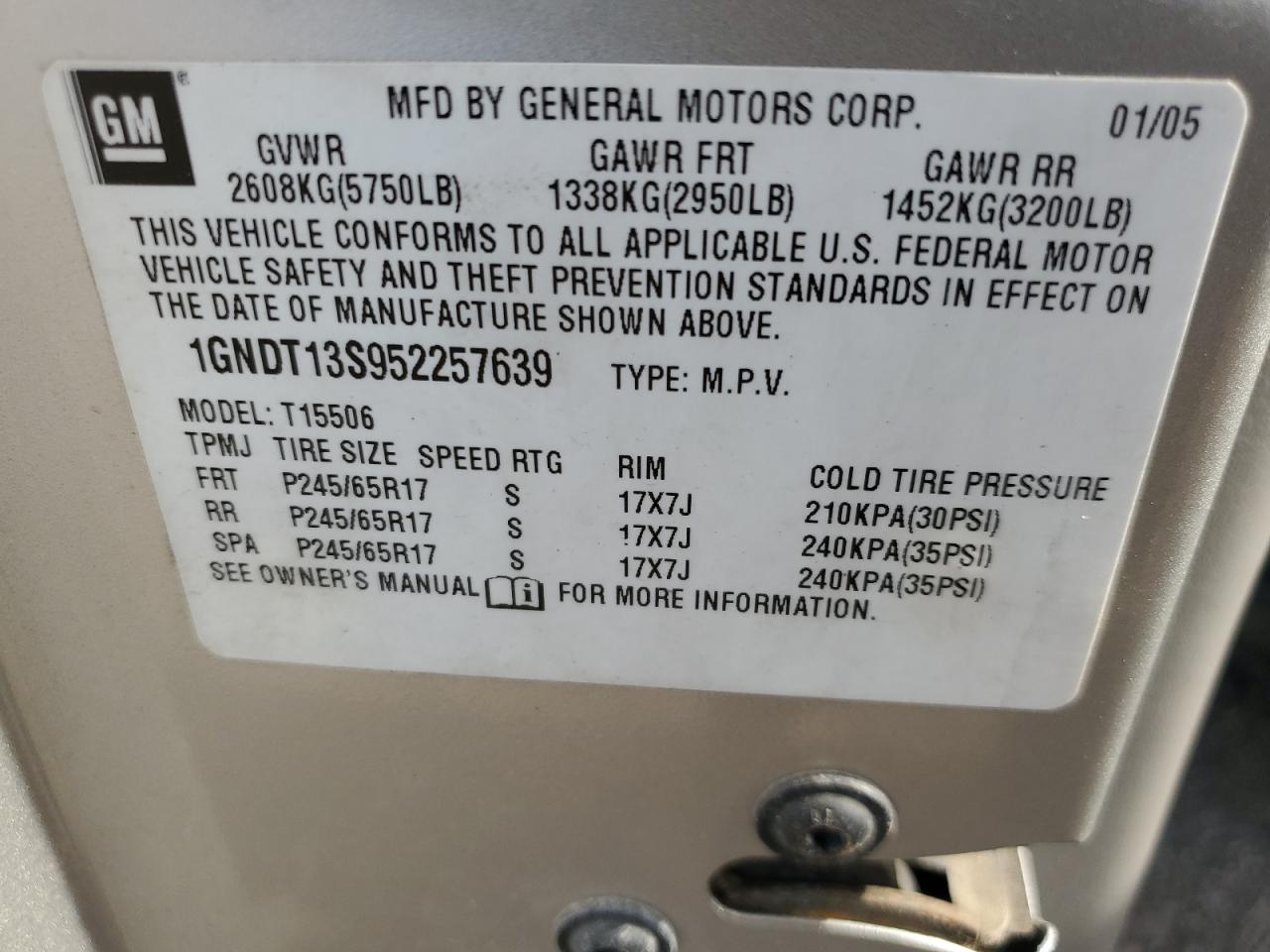 2005 Chevrolet Trailblazer Ls VIN: 1GNDT13S952257639 Lot: 84935425