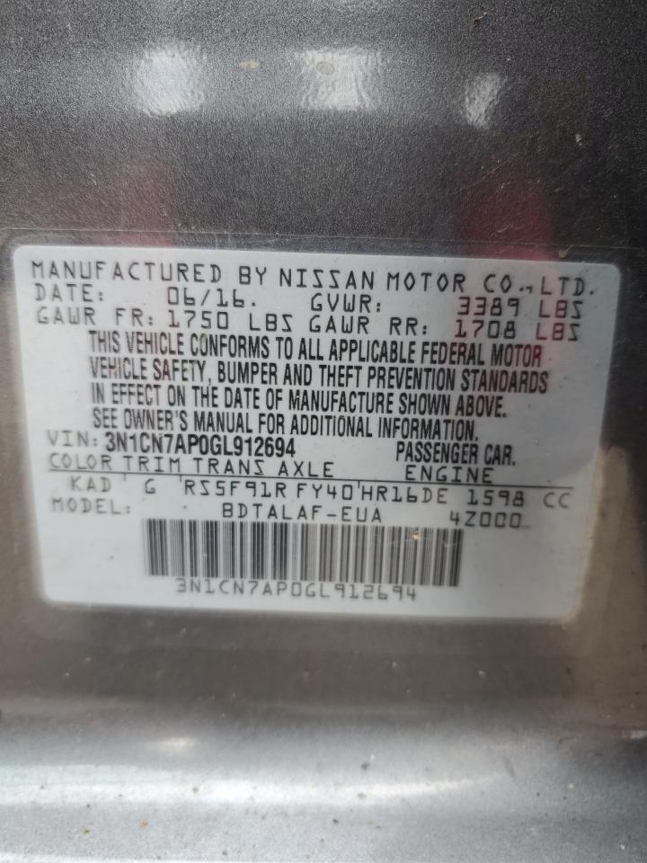 2016 Nissan Versa S VIN: 3N1CN7AP0GL912694 Lot: 82473635
