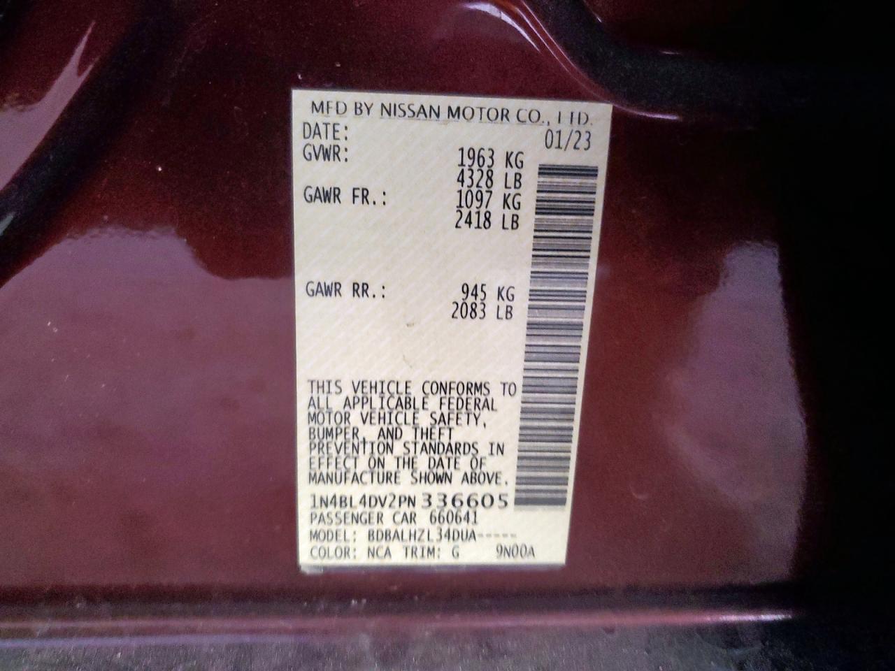 2023 Nissan Altima Sv VIN: 1N4BL4DV2PN336605 Lot: 90080175