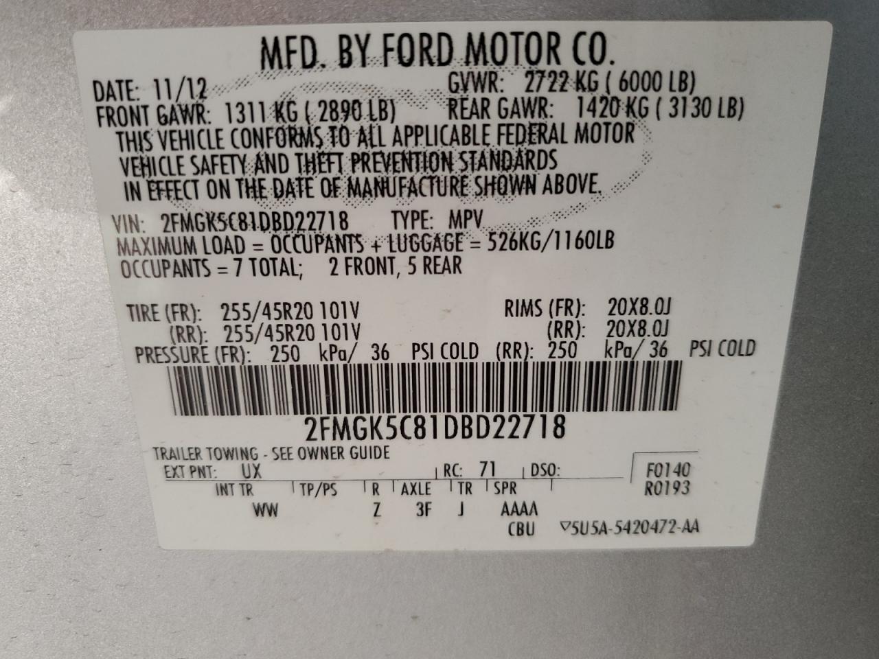 2013 Ford Flex Sel VIN: 2FMGK5C81DBD22718 Lot: 85275735