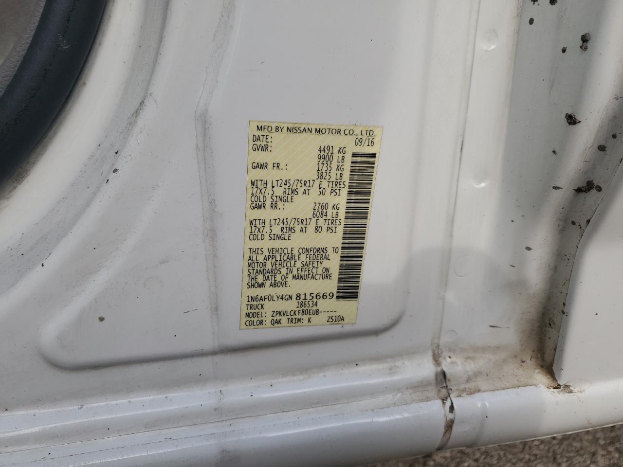 2016 Nissan Nv 2500 S VIN: 1N6AF0LY4GN815669 Lot: 86086675