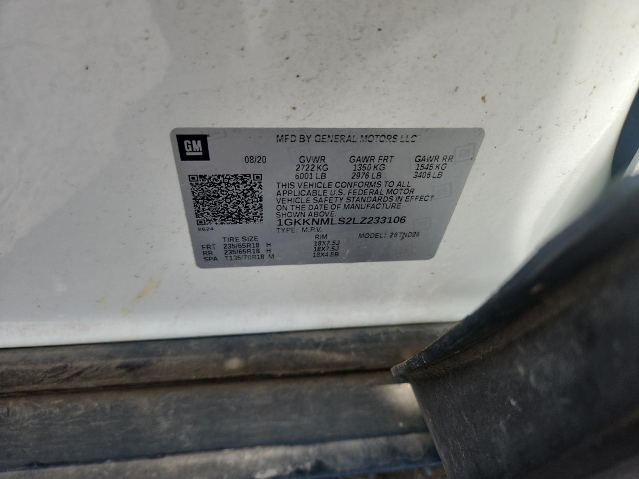 2020 GMC Acadia Slt VIN: 1GKKNMLS2LZ233106 Lot: 84711335