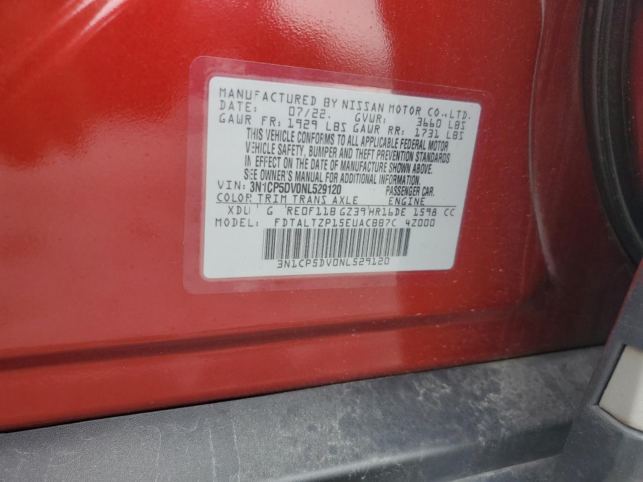 2022 Nissan Kicks Sr VIN: 3N1CP5DV0NL529120 Lot: 84788215