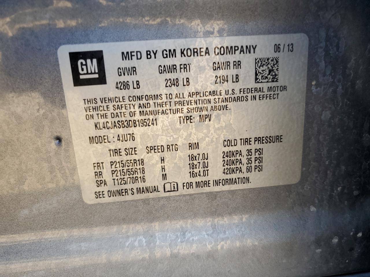 2013 Buick Encore VIN: KL4CJASB3DB195241 Lot: 85177425