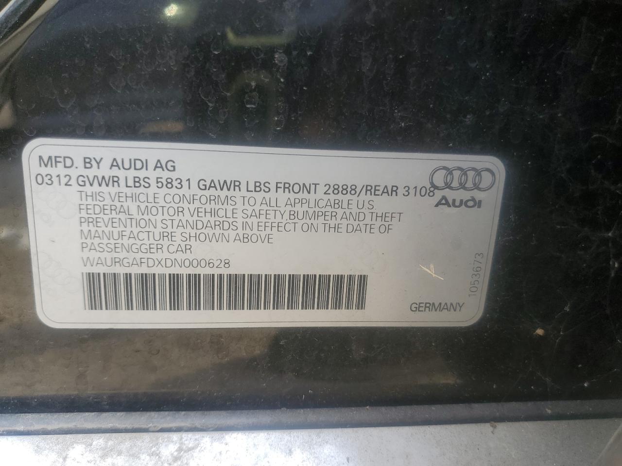 2013 Audi A8 L Quattro VIN: WAURGAFDXDN000628 Lot: 84880115