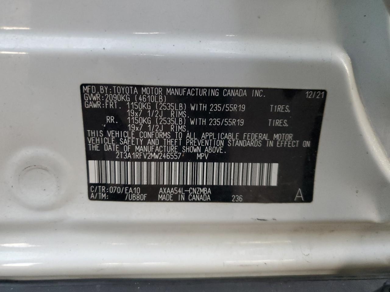 2021 Toyota Rav4 Xle Premium VIN: 2T3A1RFV2MW246557 Lot: 85939685