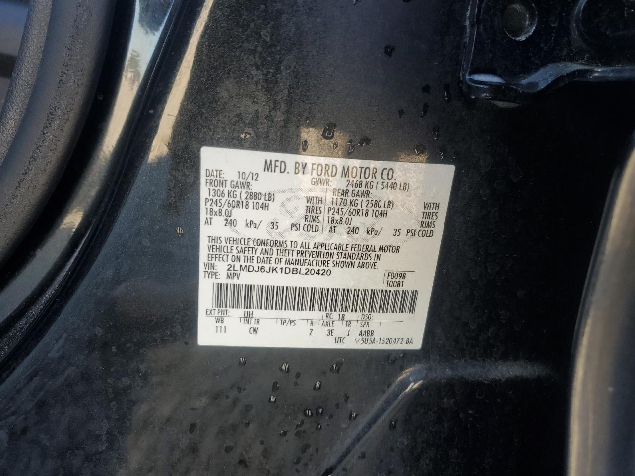 2013 Lincoln Mkx VIN: 2LMDJ6JK1DBL20420 Lot: 89636445