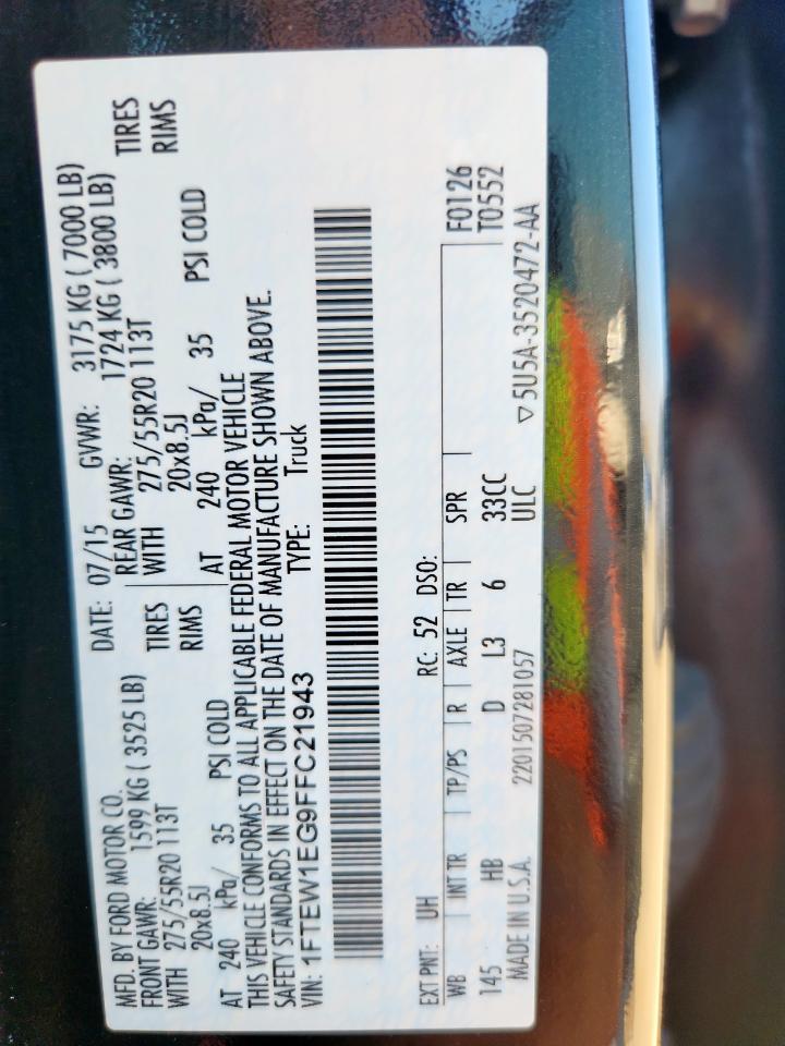 2015 Ford F150 Supercrew VIN: 1FTEW1EG9FFC21943 Lot: 90108485