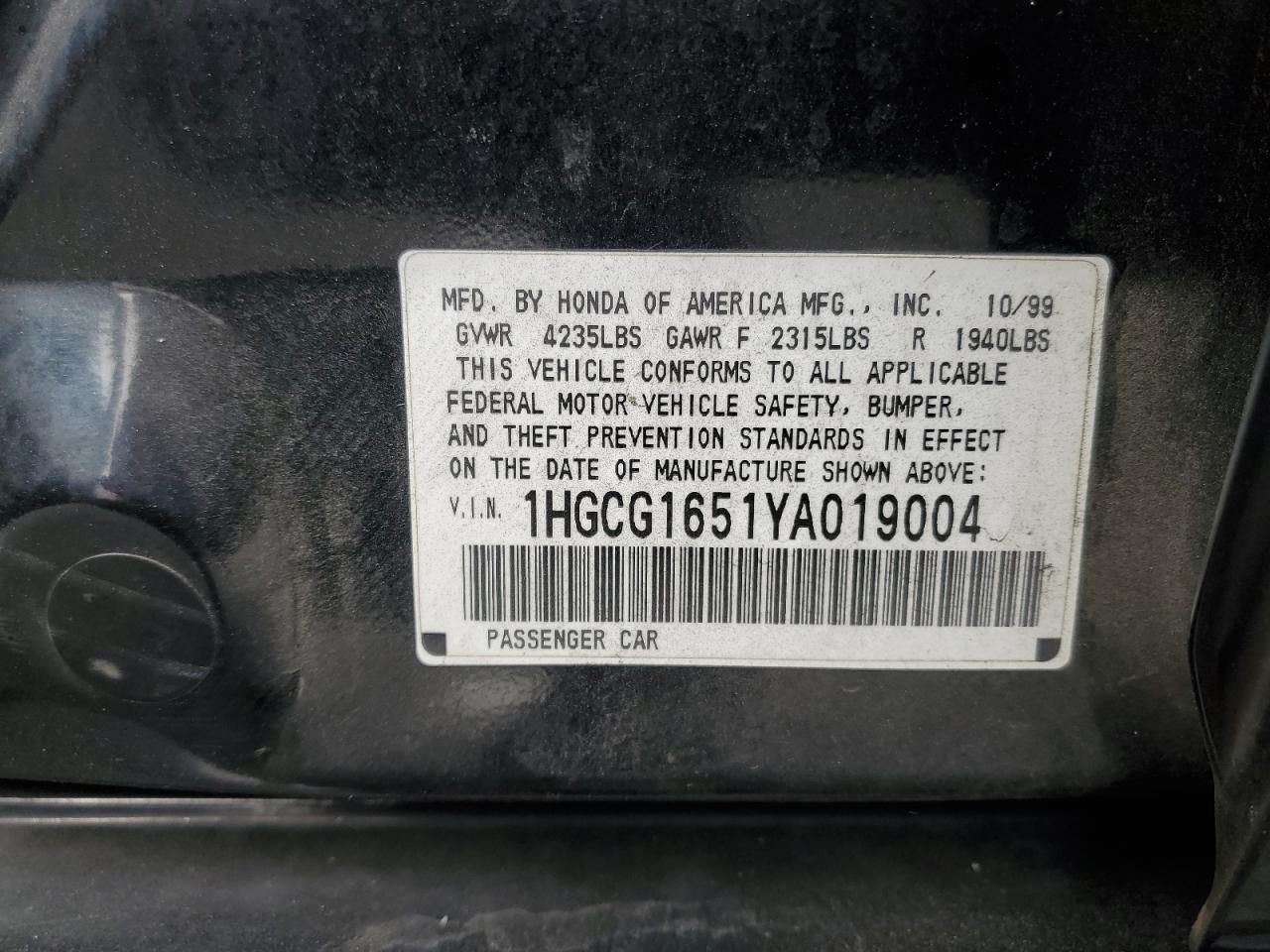 2000 Honda Accord Ex VIN: 1HGCG1651YA019004 Lot: 85005905