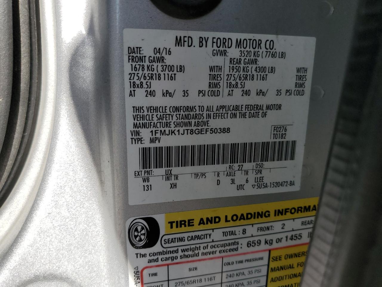 2016 Ford Expedition El Xlt VIN: 1FMJK1JT8GEF50388 Lot: 85687115