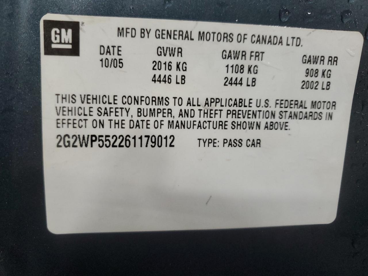 2006 Pontiac Grand Prix VIN: 2G2WP552261179012 Lot: 86671175