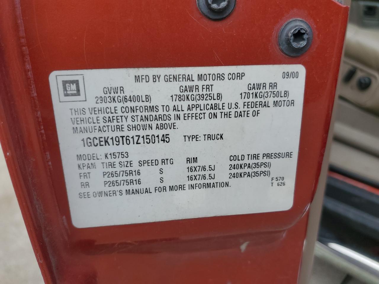 2001 Chevrolet Silverado K1500 VIN: 1GCEK19T61Z150145 Lot: 86232395