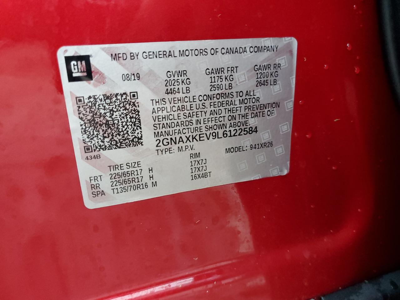 2020 Chevrolet Equinox Lt VIN: 2GNAXKEV9L6122584 Lot: 84359315