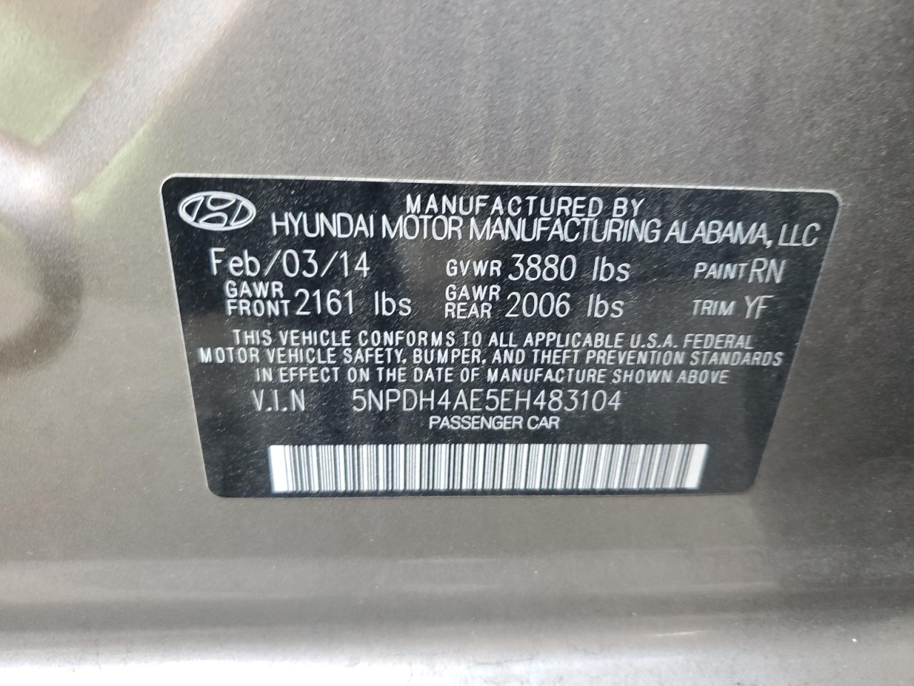 2014 Hyundai Elantra Se VIN: 5NPDH4AE5EH483104 Lot: 82334115