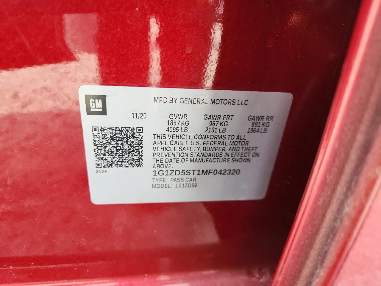 2021 Chevrolet Malibu Lt VIN: 1G1ZD5ST1MF042320 Lot: 89664745