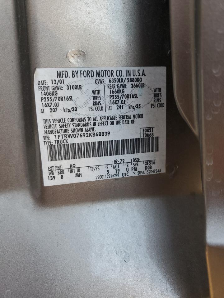 2002 Ford F150 Supercrew VIN: 1FTRW07692KB68839 Lot: 90609855