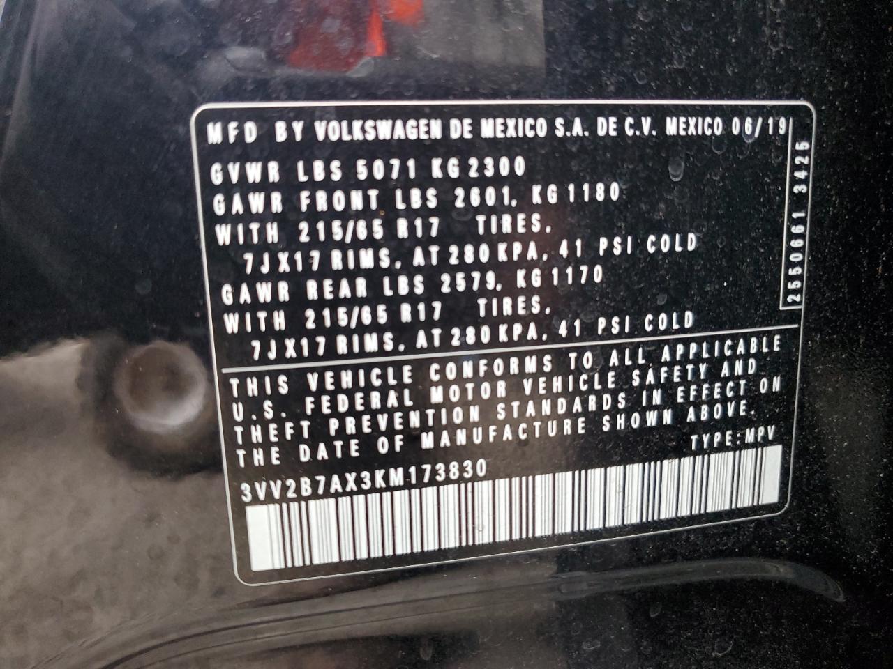 2019 Volkswagen Tiguan Se VIN: 3VV2B7AX3KM173830 Lot: 84071185