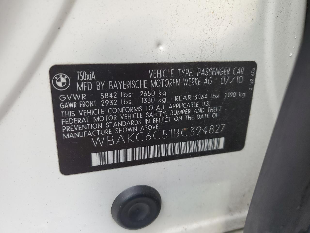 2011 BMW 750 Xi VIN: WBAKC6C51BC394827 Lot: 87203695