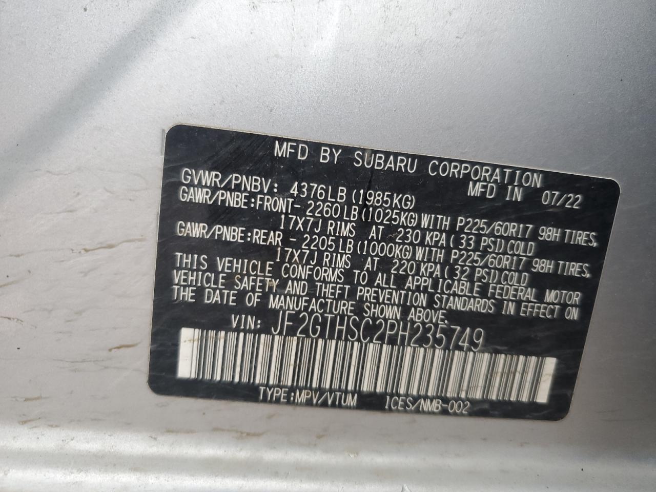 2023 Subaru Crosstrek Sport VIN: JF2GTHSC2PH235749 Lot: 84066505