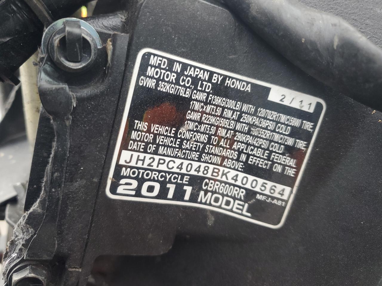 2011 Honda Cbr600 Rr VIN: JH2PC4048BK400564 Lot: 82255465