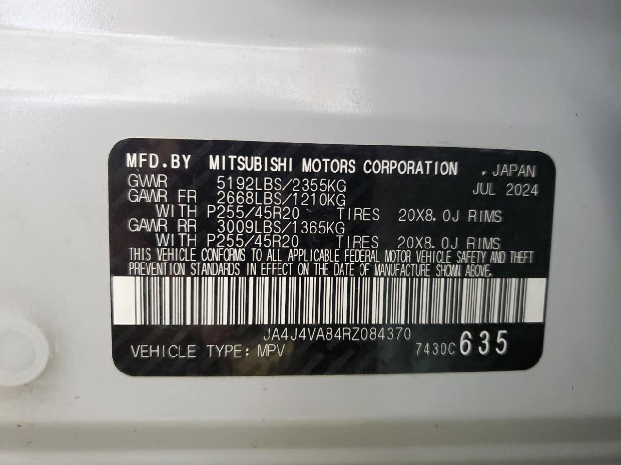 2024 Mitsubishi Outlander Se VIN: JA4J4VA84RZ084370 Lot: 86062145