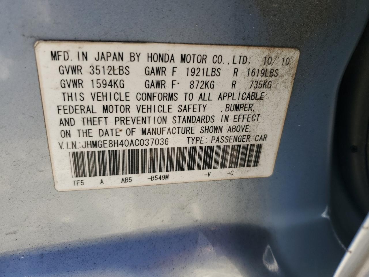 2010 Honda Fit Sport VIN: JHMGE8H40AC037036 Lot: 87218015